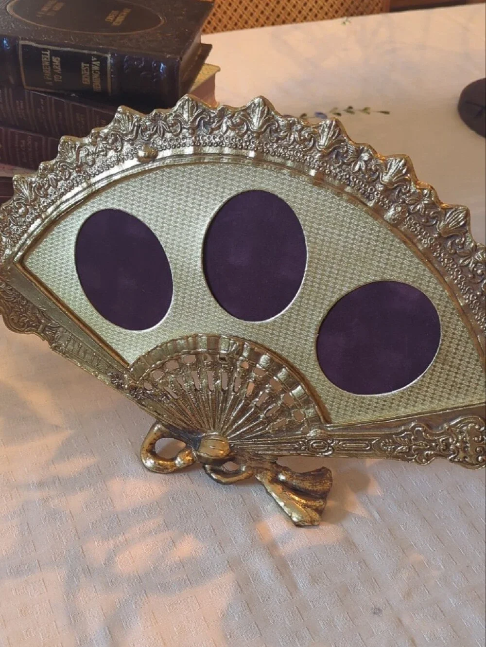 Vintage Solid Brass Fan Picture Frame | Ornate Victorian Vanity Decor | 3 Photo